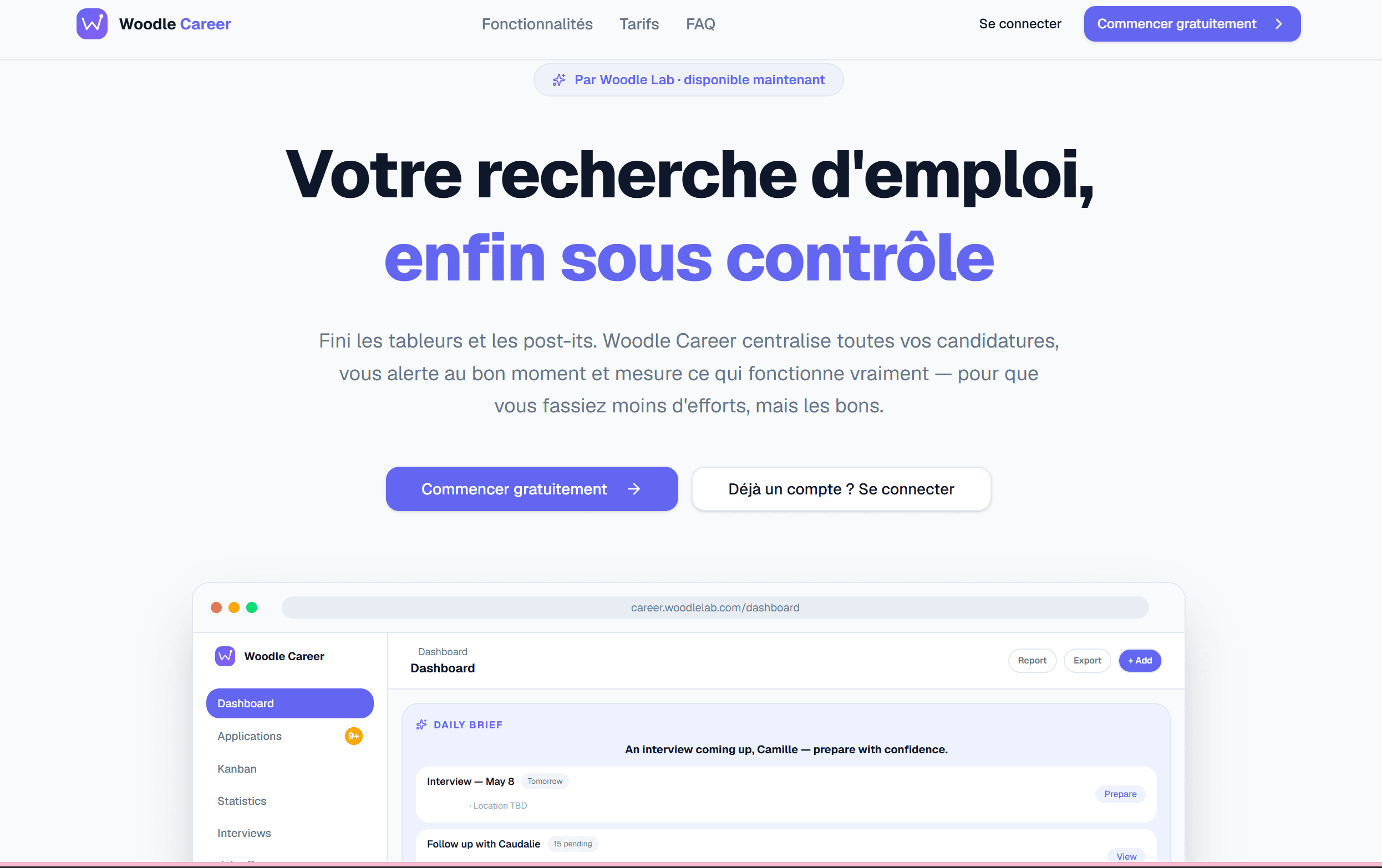 Woodle Career — tableau de bord candidatures